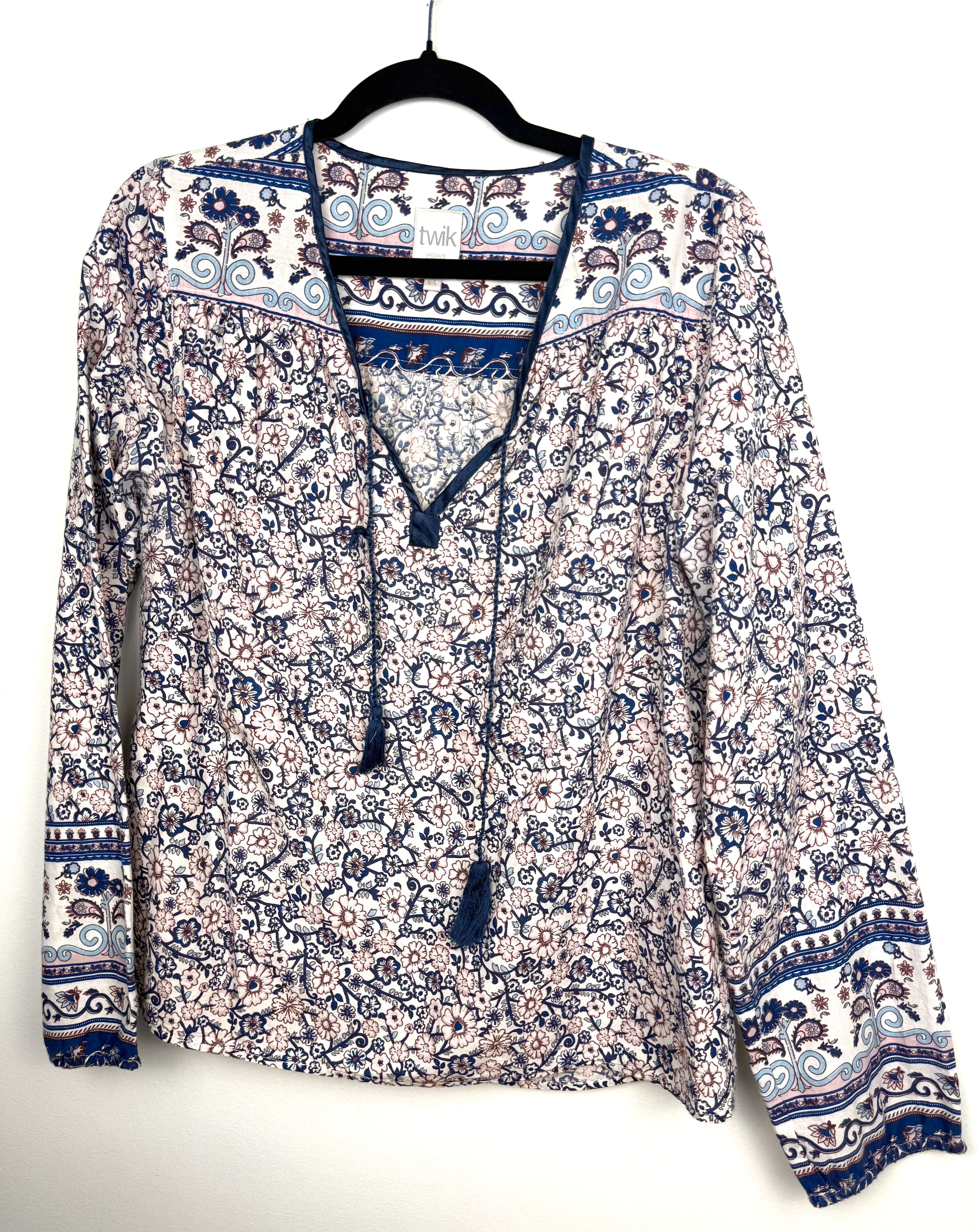 Twik by Simons 100% Cotton Floral Paisley Boho Blouse — Navy & Blush Border Print | Size L at Blue Sparrow Shop on hanger
