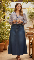 Twik by Simons 100% Cotton Floral Paisley Boho Blouse — Navy & Blush Border Print | Size L at Blue Sparrow Shop on woman drinking coffee outside 