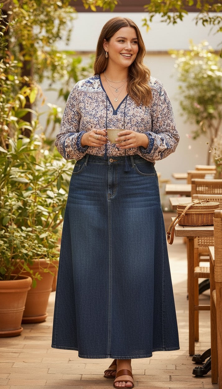 Twik by Simons 100% Cotton Floral Paisley Boho Blouse — Navy & Blush Border Print | Size L at Blue Sparrow Shop on woman drinking coffee outside 