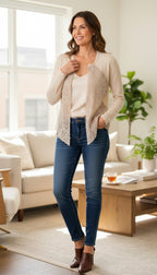 Twin Set Simona Barbieri Leather Panel Cardigan | Size S at Blue Sparrow Shop n woman standing in living room 