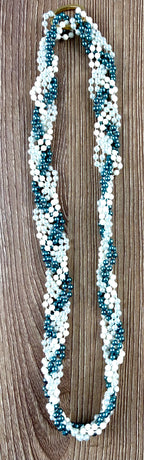 Twisted multi-strand white and teal faux pearl bead necklace at Blue sparrow shop