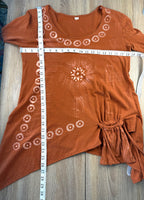 Tye dye boho artsy unique asymmetrical top in burnt orange  measuring 36" bust and 26-31" shoulder to hem 