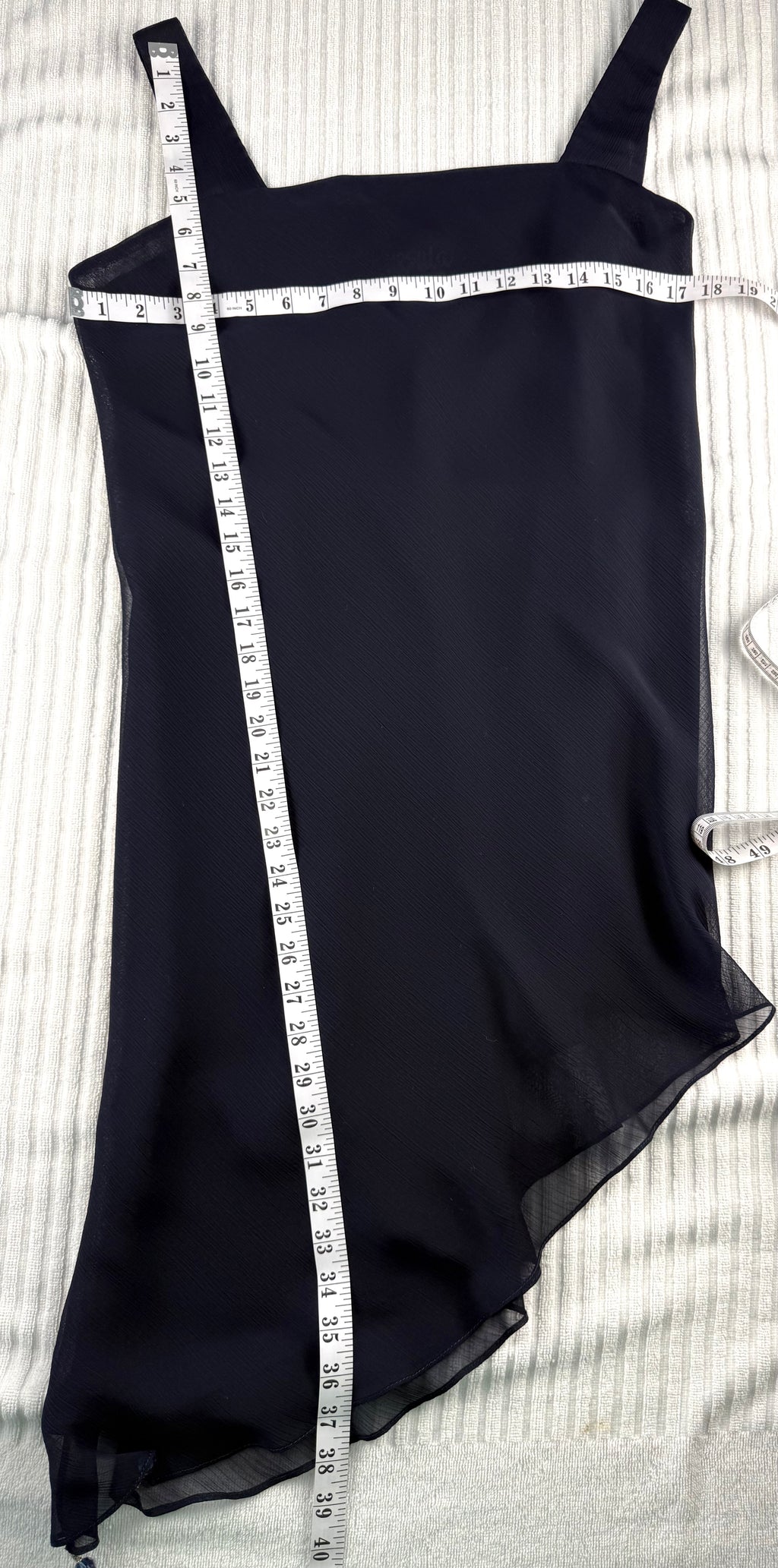 Ursula of Switzerland Vintage Navy Asymmetric Dress at Blue Sparrow Shop measuring 34" bust and 31-40"shoulder to hem 