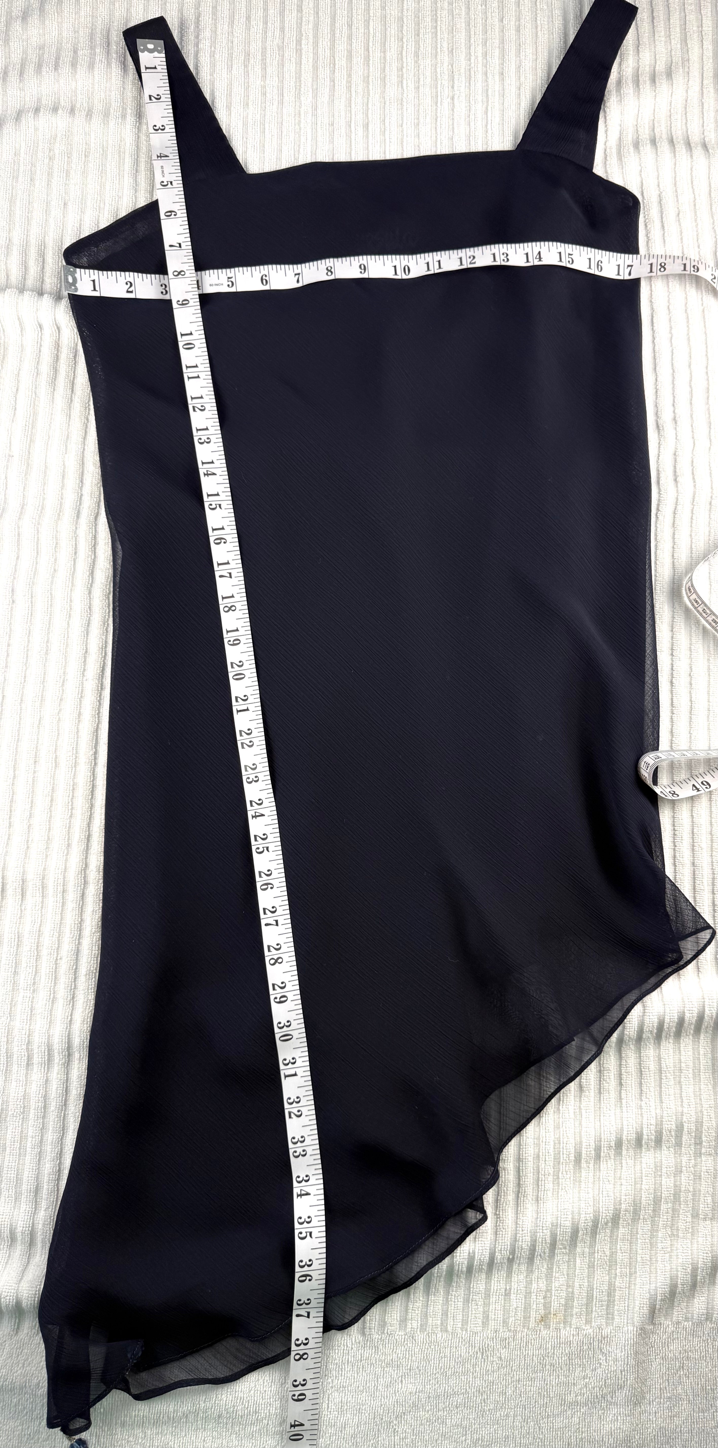 Ursula of Switzerland Vintage Navy Asymmetric Dress at Blue Sparrow Shop measuring 34" bust and 31-40"shoulder to hem 
