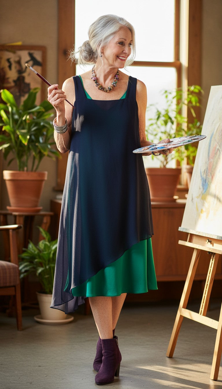 Ursula of Switzerland Vintage Navy Asymmetric Dress at Blue Sparrow Shop  on artist with another dress underneath and ankle boots