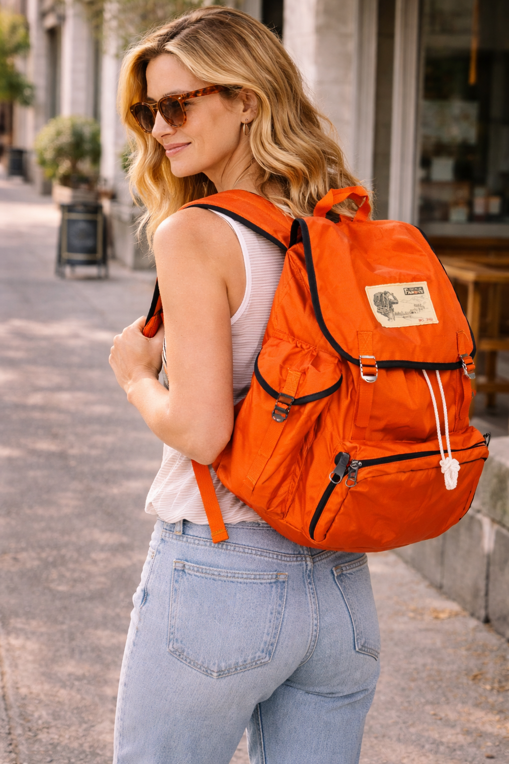 woman wearing Vintage World Famous Hiking Backpack at Blue Sparrow Shop 