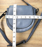 Vegan Leather Blue Grey Saddle Crossbody Bag at Blue Sparrow Shop  measuring 7" x 7" 