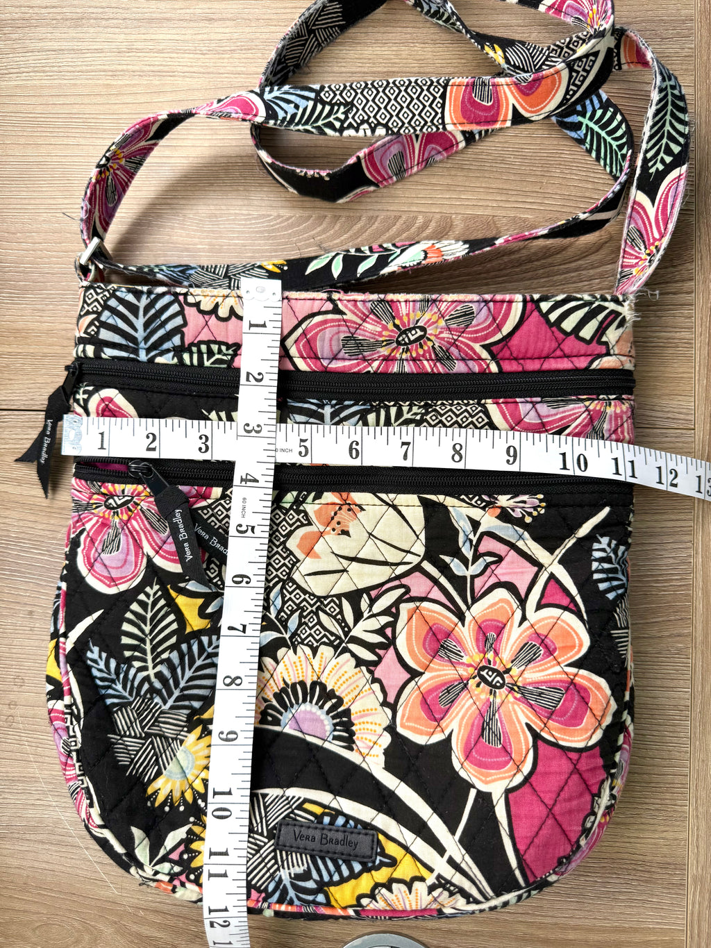 Vera Bradley Quilted Crossbody Bag  at Blue Sparrow Shop measuring 11" wide x 12" deep 