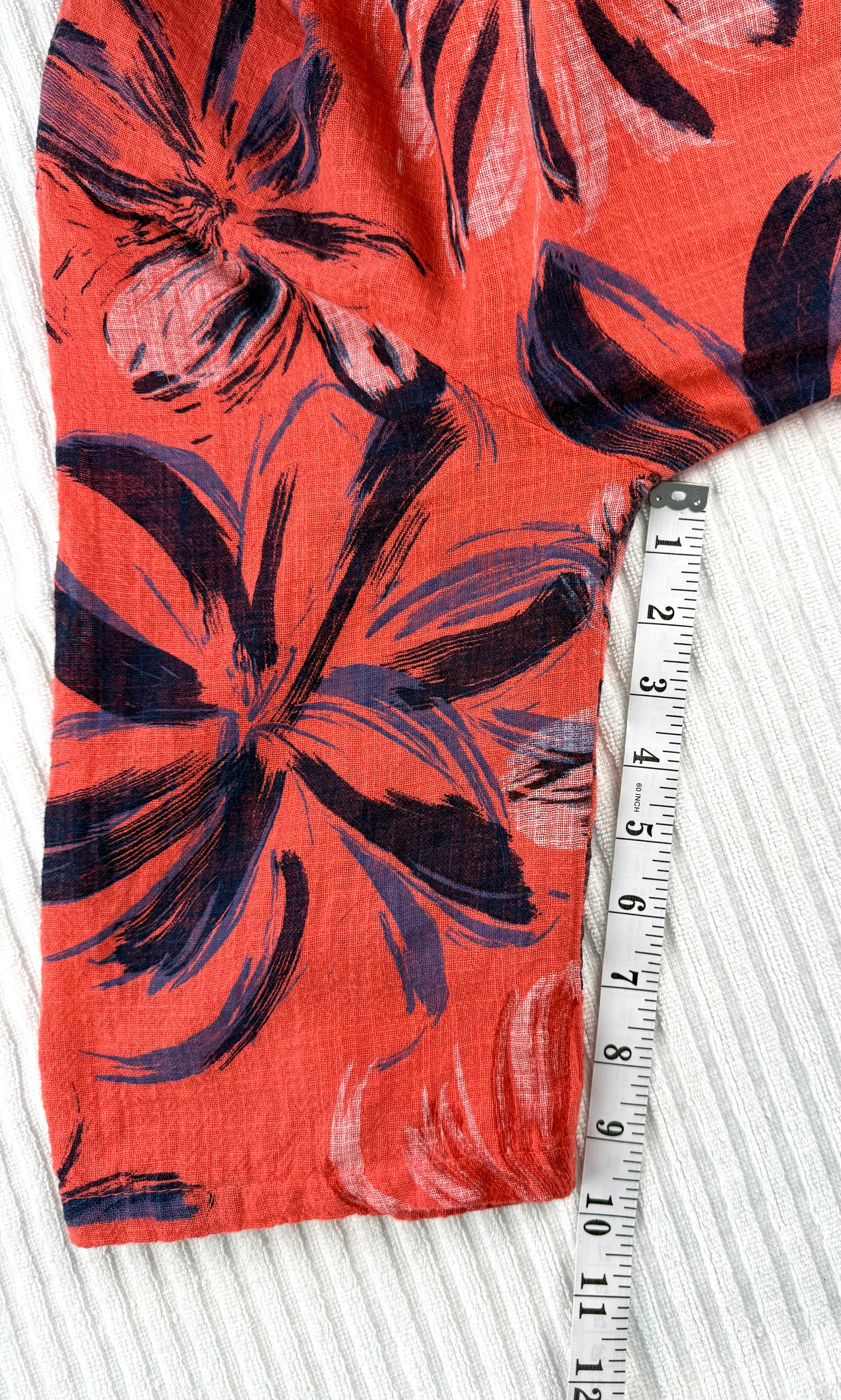 Via Vitale Made in Italy Linen Floral Blouse / overshirt at Blue Sparrow Shop measuring 10" sleeve