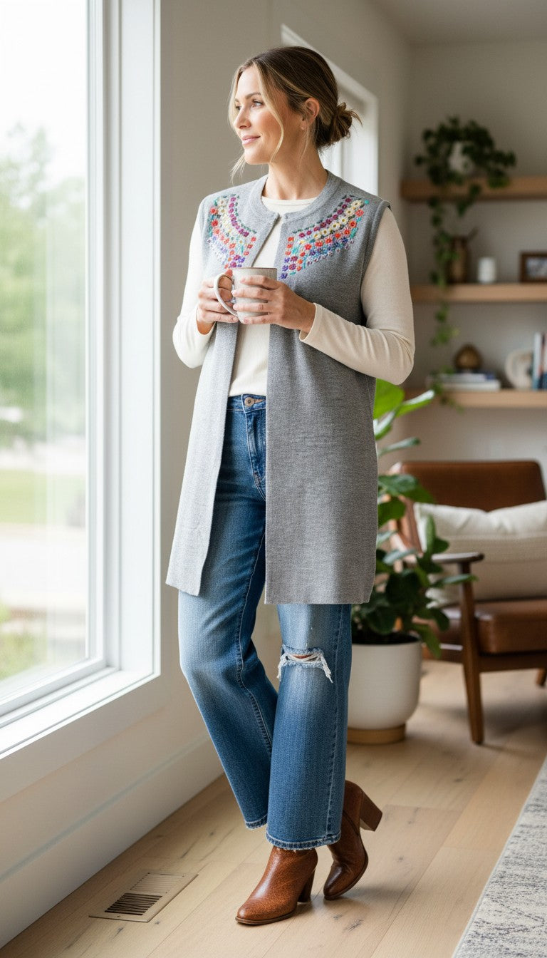 Vintage 80s Embroidered Knit Vest | Size L at Blue Sparrow Shop on woman at window