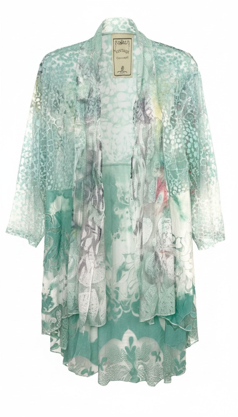 Vintage Concept — Cotton Blend Mint Lace Print Open Cardigan, Size XL at Blue Sparrow Shop 