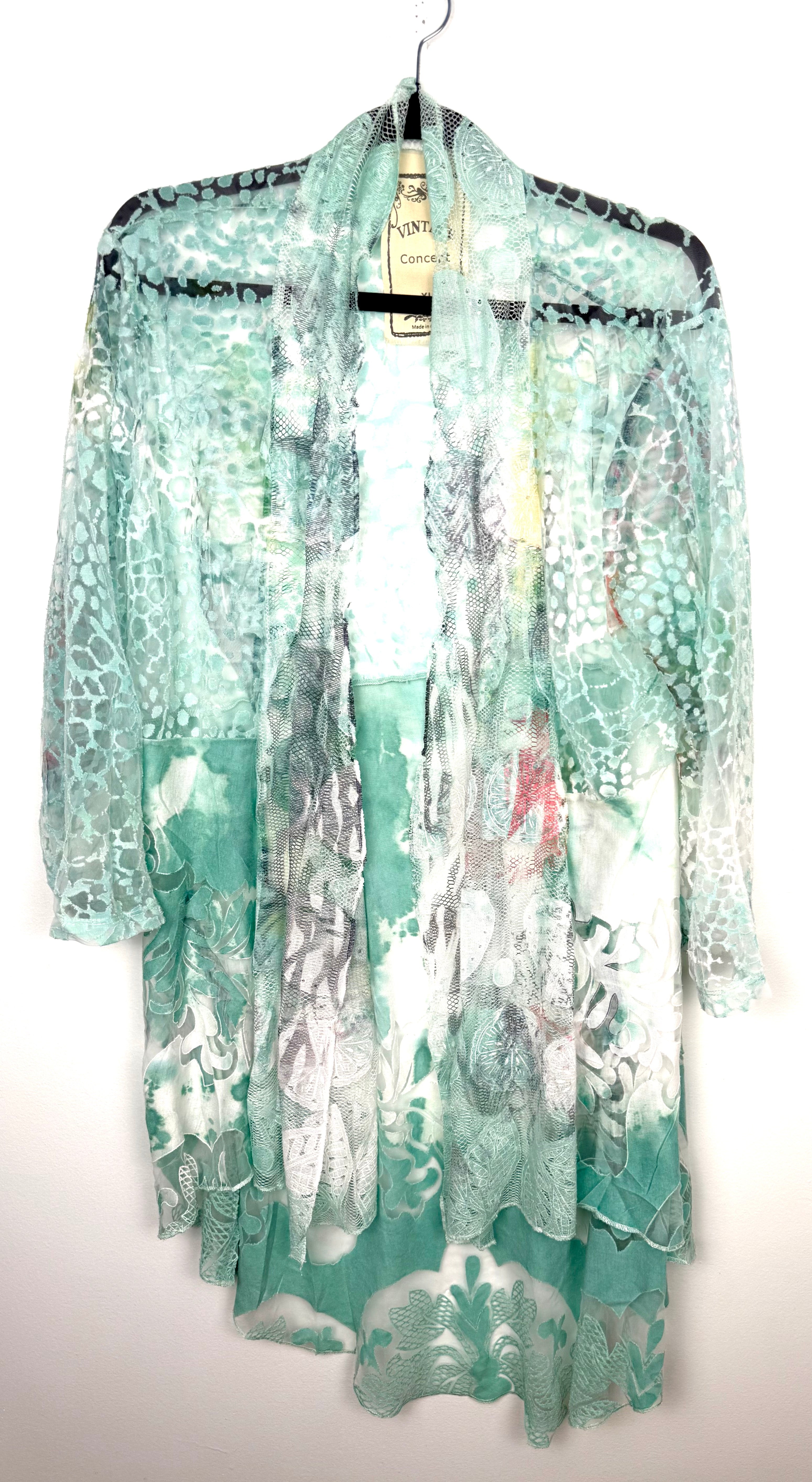Vintage Concept — Cotton Blend Mint Lace Print Open Cardigan, Size XL at Blue Sparrow Shop  on hanger