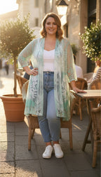 Vintage Concept — Cotton Blend Mint Lace Print Open Cardigan, Size XL at Blue Sparrow Shop  on woman in jeans outside 