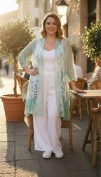 Vintage Concept — Cotton Blend Mint Lace Print Open Cardigan, Size XL at Blue Sparrow Shop  on woman in white linen outfit outside 