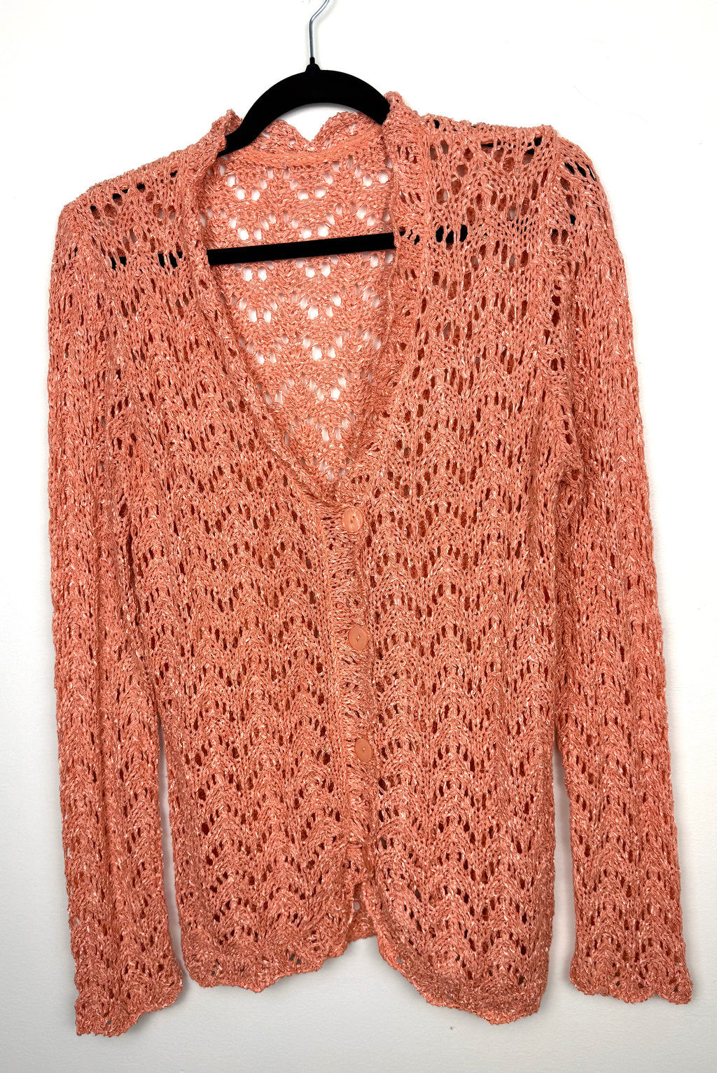 Vintage Crochet Hand Knit Cardigan on hanger