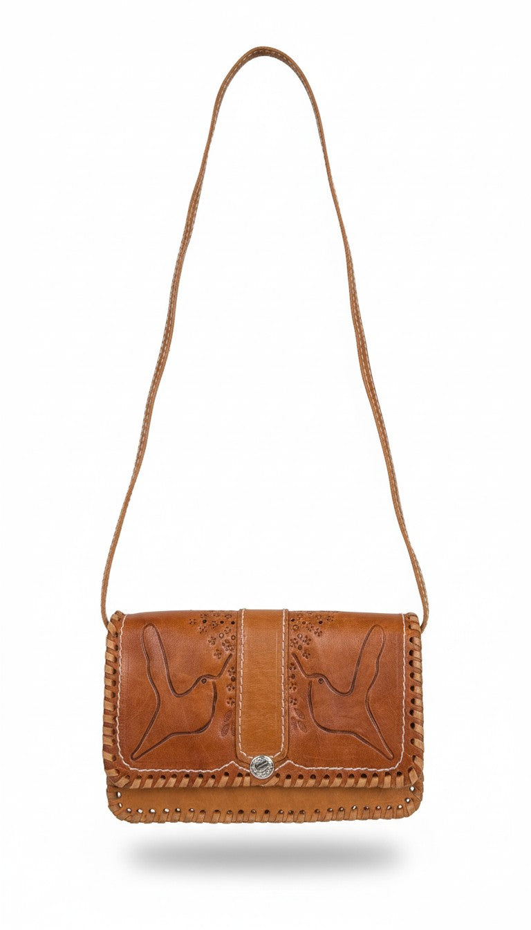 Vintage Hand-Tooled Leather Crossbody Bag at Blue Sparrow Shop