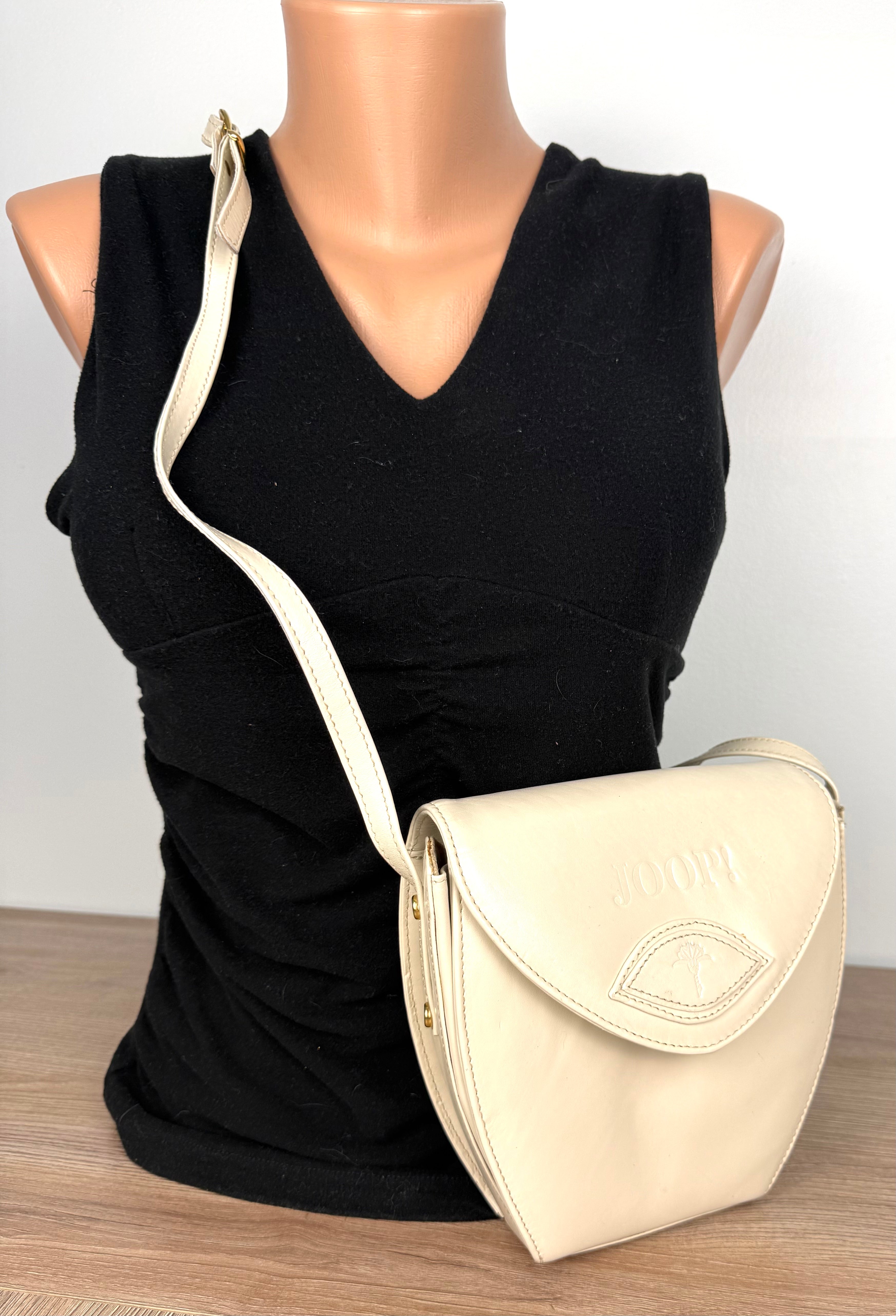 Vintage Leather Joop Crossbody Bag  at Blue Sparrow Shop on mannequin to show size 