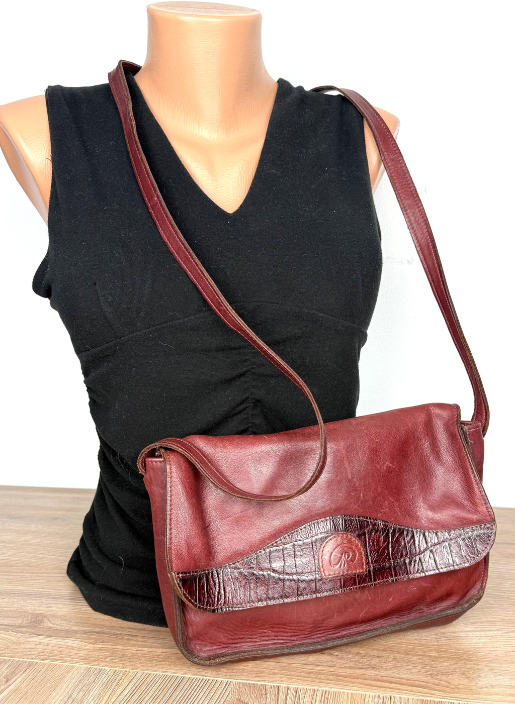 Vintage Rowland Leather Crossbody Bag circa 1970/1980 on mannequin to show size
