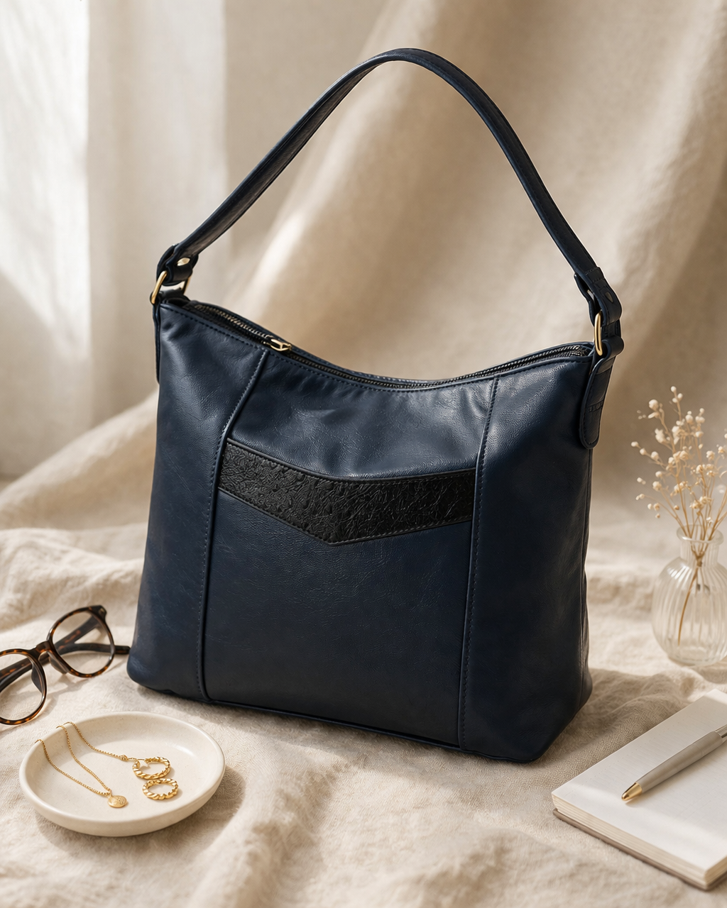 Vintage navy rowland leather made in canada leather bag at Blue Sparrow shop