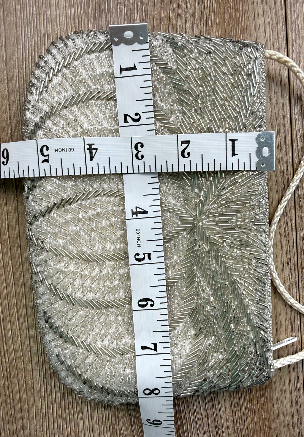 Vintage Silver Beaded Evening Bag at Blue Sparrow Shop Resale Reimagined  measuring 8" by 5.5" 