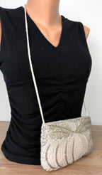Vintage Silver Beaded Evening Bag at Blue Sparrow Shop Resale Reimagined  on mannequin to show size 
