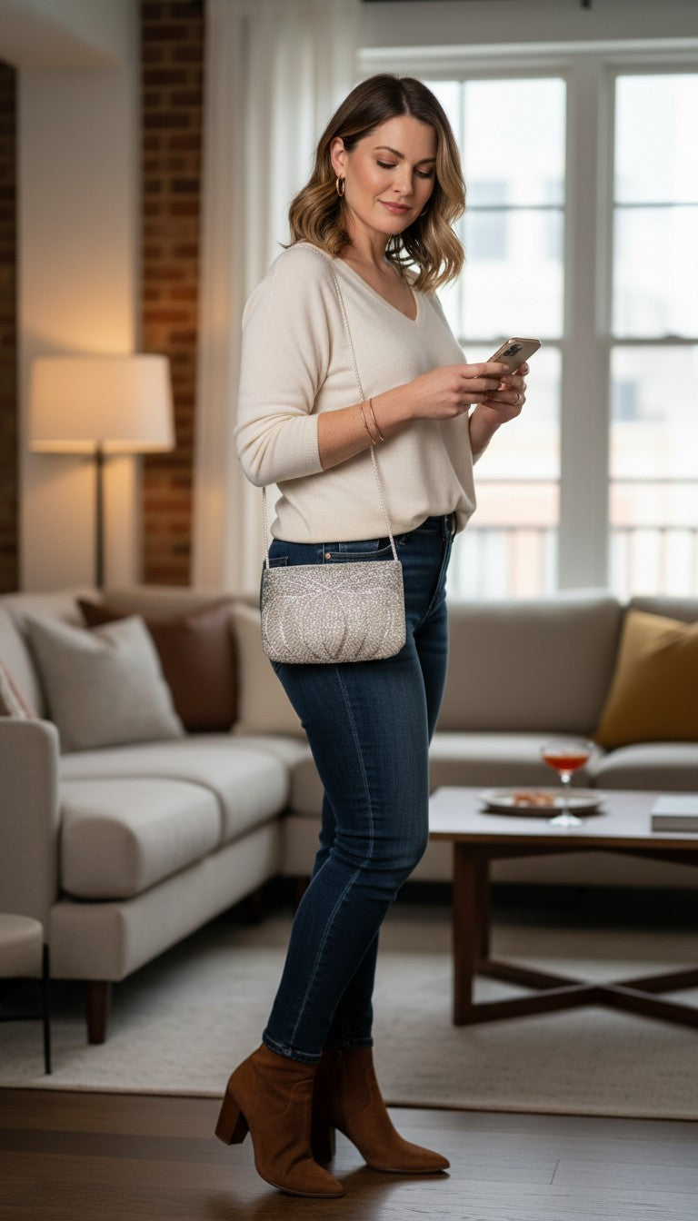 Vintage Silver Beaded Evening Bag at Blue Sparrow Shop Resale Reimagined  on woman ready to go out for the evening