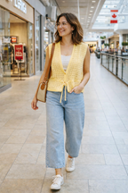 Vintage Style Handmade vest at Blue Sparrow Shop on woman walking in mall