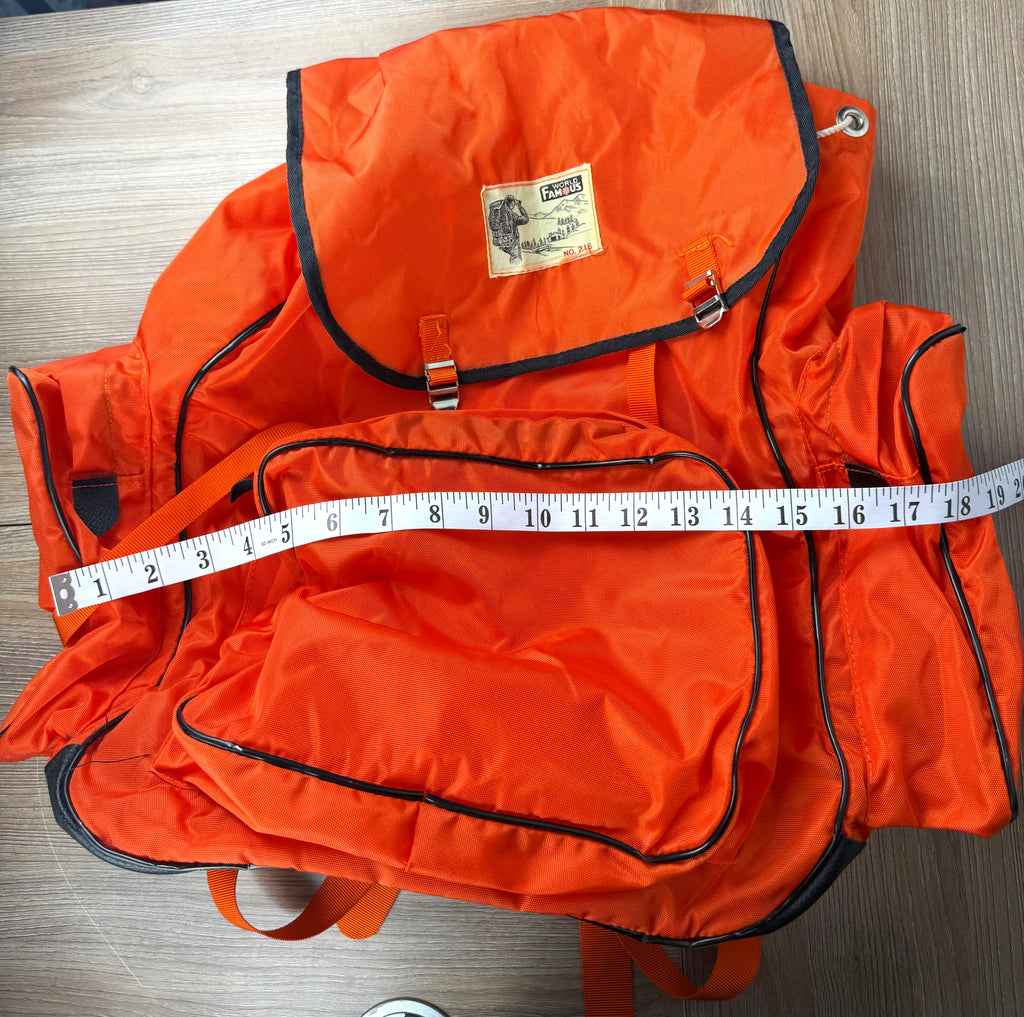 Vintage World Famous No 216 hiking backpack measuring approx 18" wide including thermos holders on each side 