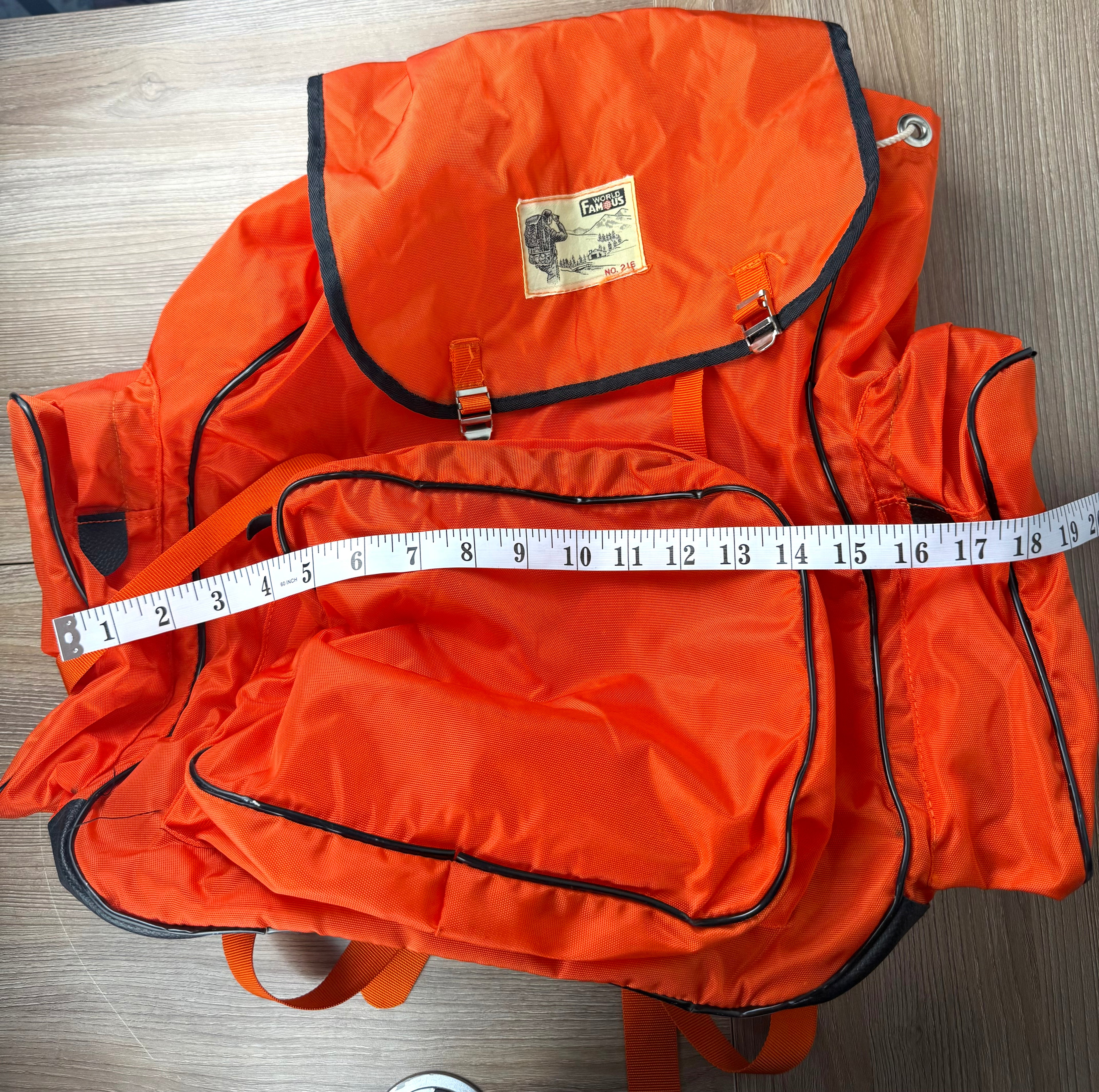 Vintage World Famous No 216 hiking backpack measuring approx 18" wide including thermos holders on each side 