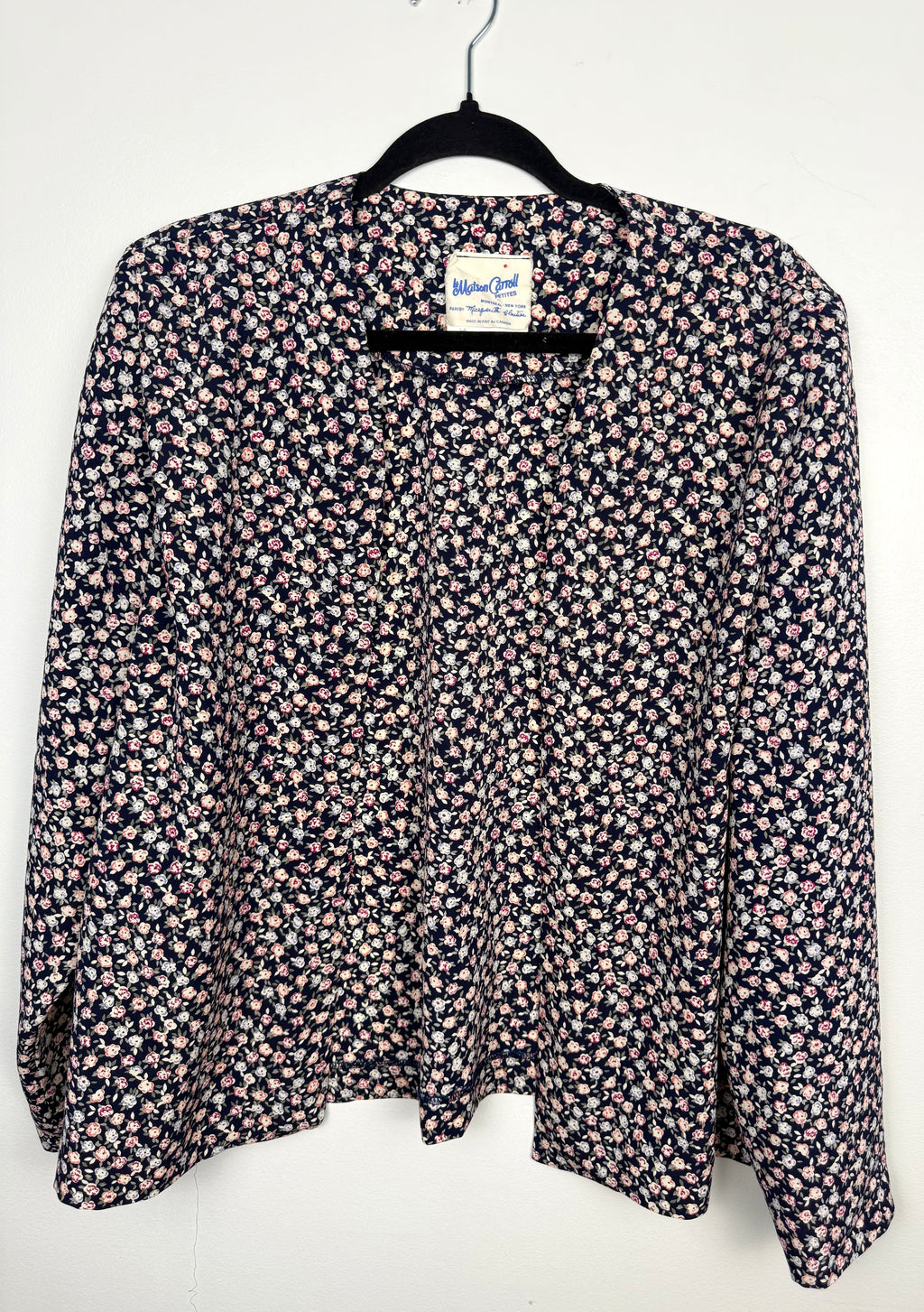 Vintage floral print navy Jacket Made in Canada at Blue Sparrow Shop  on hanger