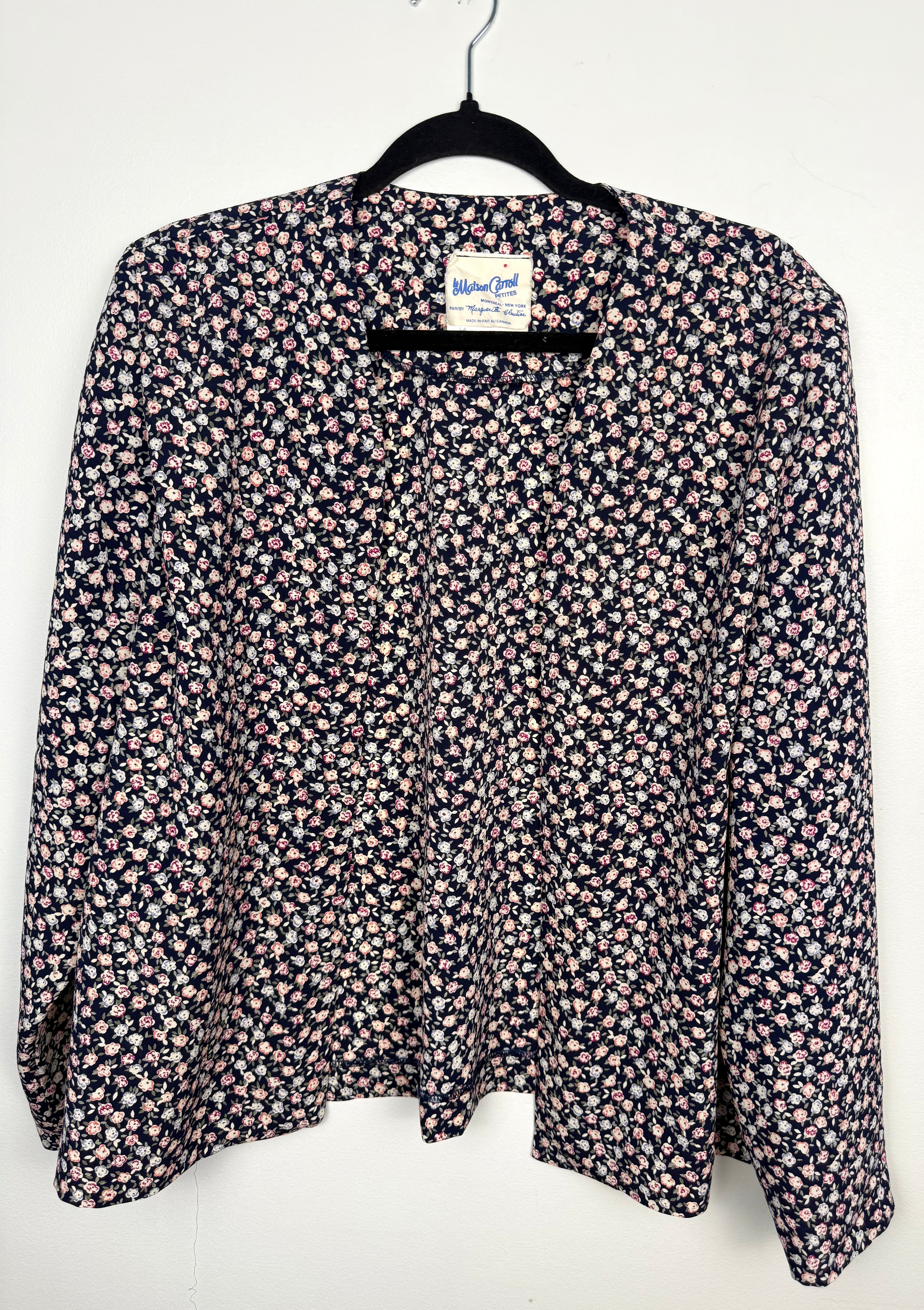 Vintage floral print navy Jacket Made in Canada at Blue Sparrow Shop  on hanger