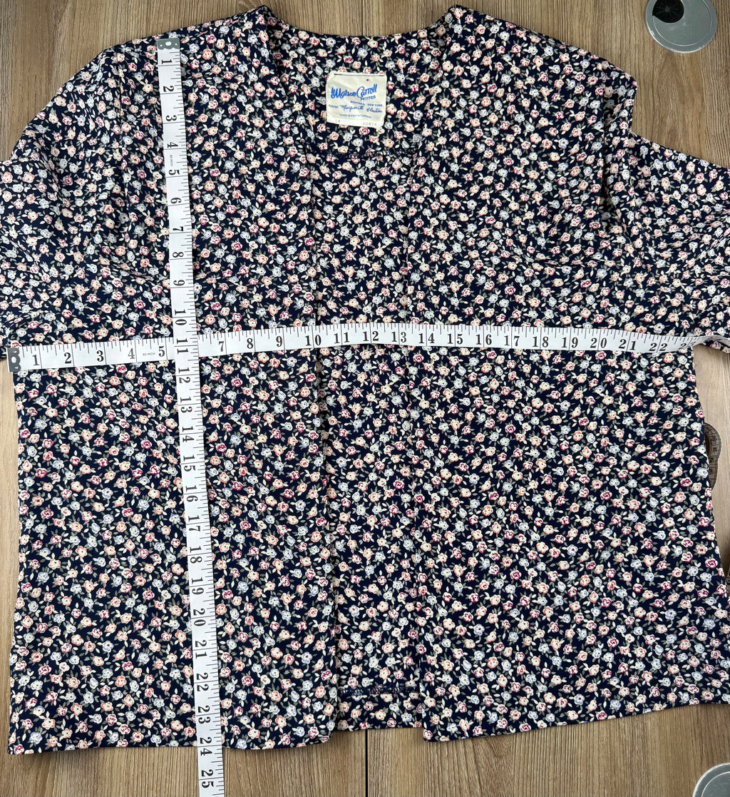 Vintage floral print navy Jacket Made in Canada at Blue Sparrow Shop  measuring 46" bust and 24" shoulder to hem 