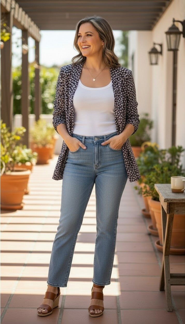 Vintage floral print navy Jacket Made in Canada at Blue Sparrow Shop  on woman outside 