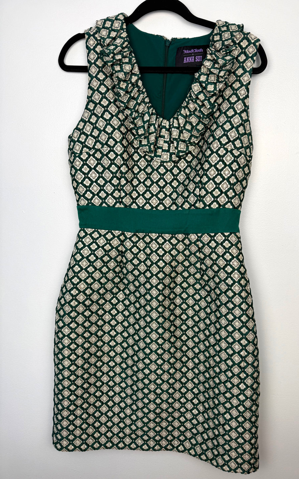 Vintage inspired ModCloth Anna Sui green brocade retro shift dress front view