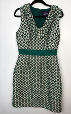Vintage inspired ModCloth Anna Sui green brocade retro shift dress front view