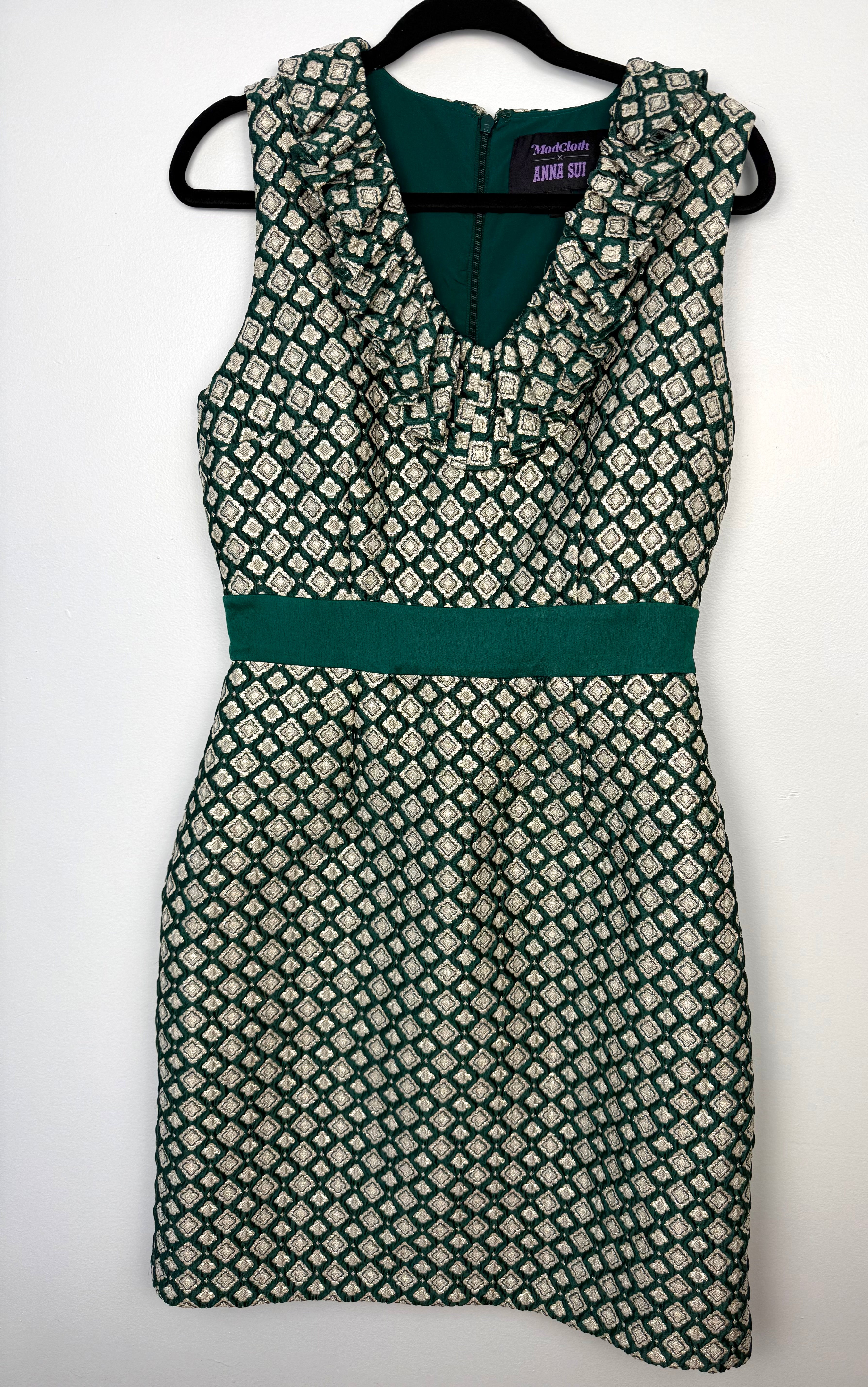 Vintage inspired ModCloth Anna Sui green brocade retro shift dress front view