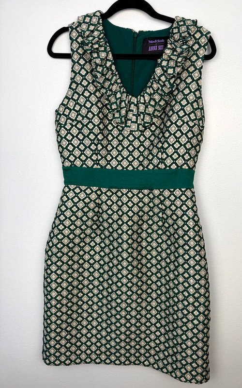 Vintage inspired ModCloth Anna Sui green brocade retro shift dress front view