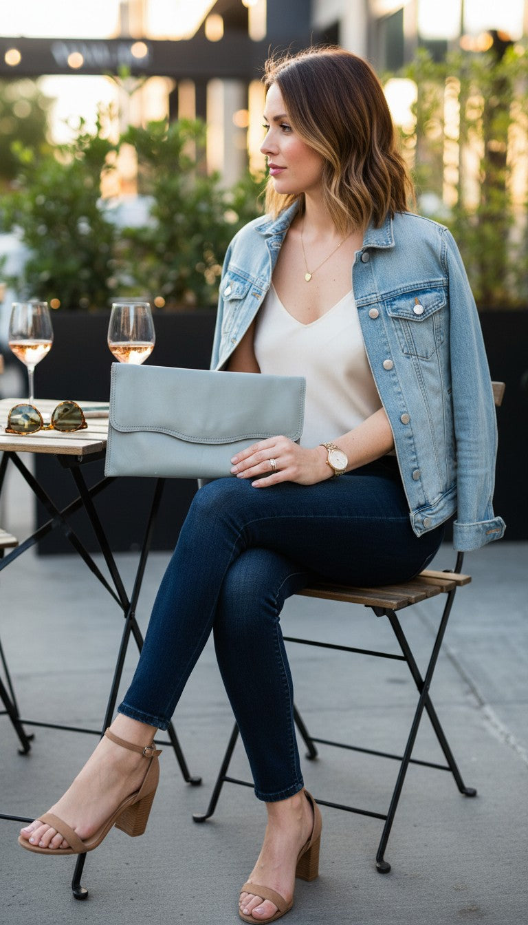 Vintage_leather_clutch_on_woman_dressed_for_dinner_outside at Blue Sparrow Shop