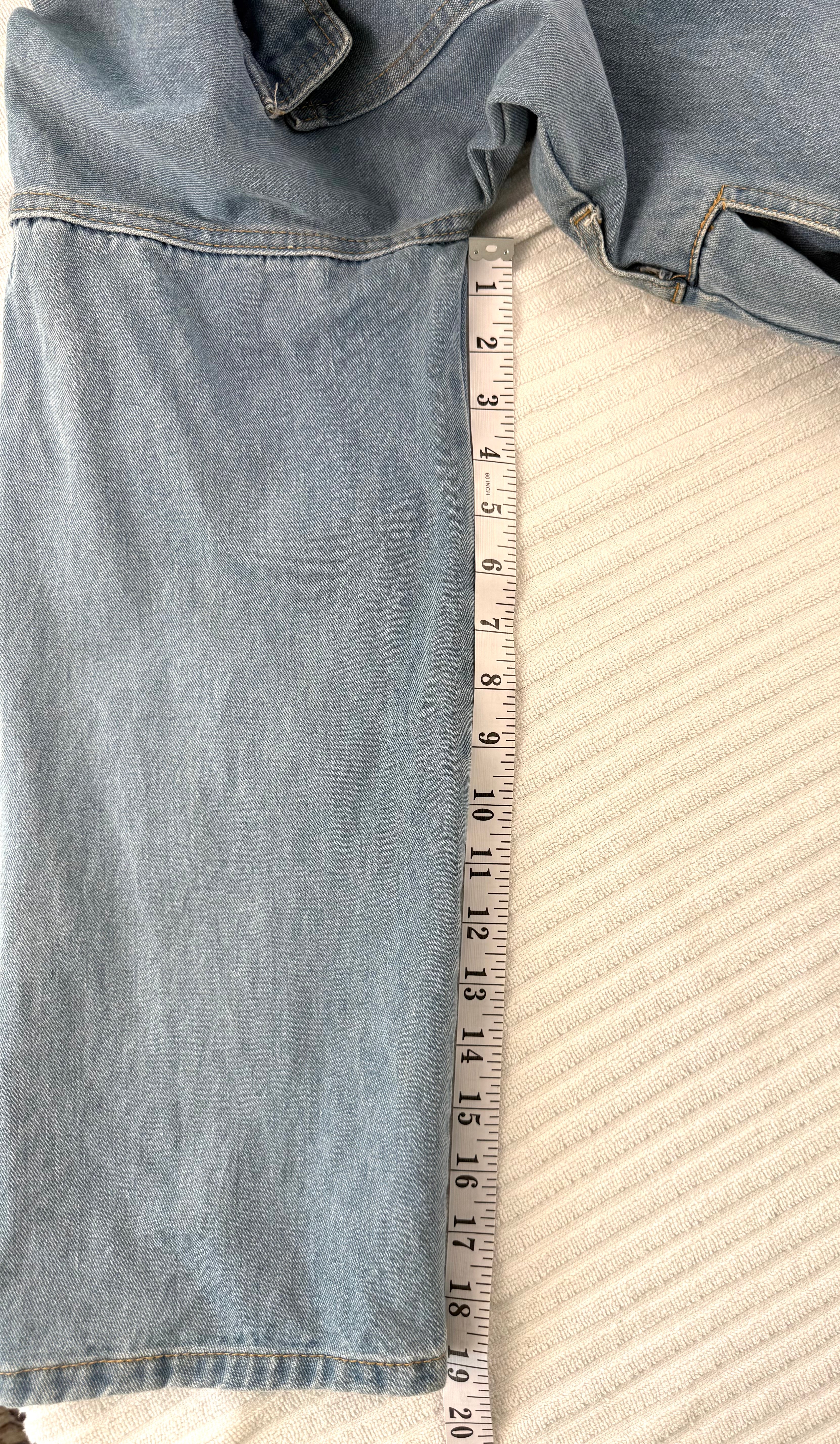 Vintage looking Mechanic Style Denim Coveralls at Blue Sparrow Shop measuring19" sleeve 