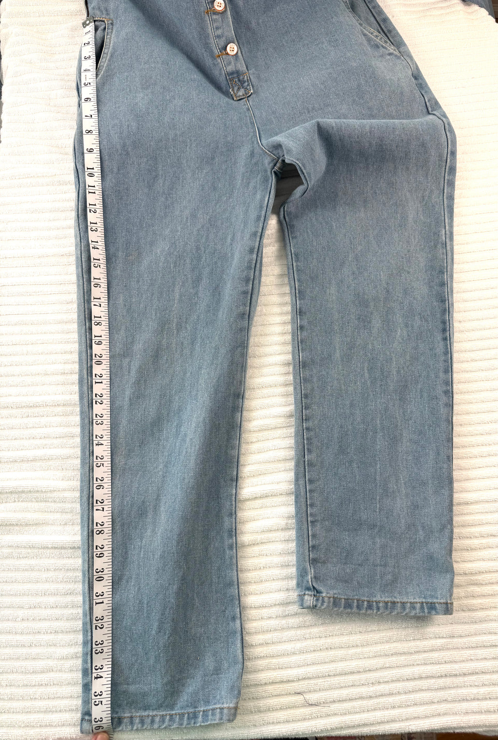 Vintage looking Mechanic Style Denim Coveralls at Blue Sparrow Shop measuring 36" from waist to hem 
