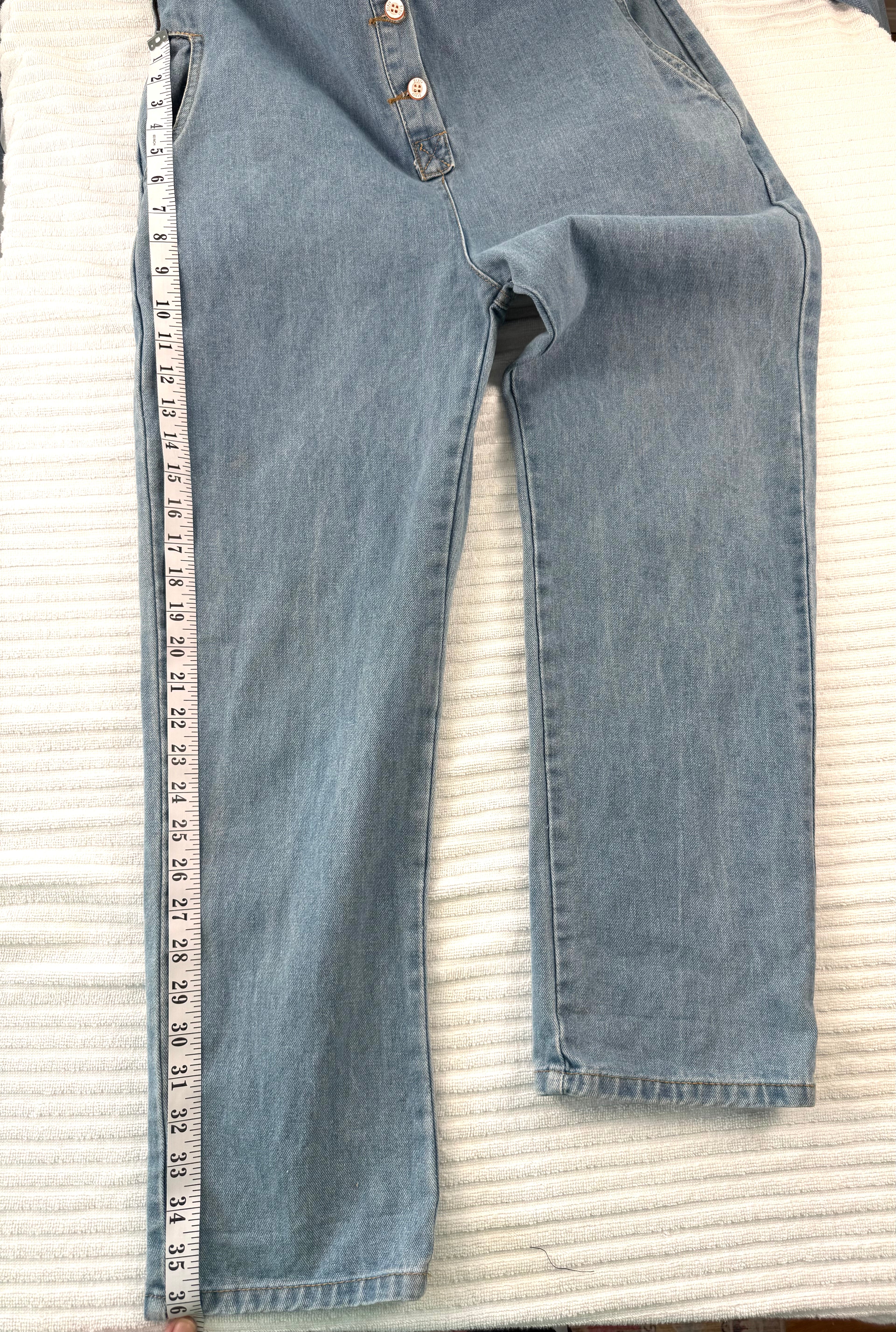 Vintage looking Mechanic Style Denim Coveralls at Blue Sparrow Shop measuring 36" from waist to hem 