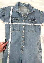 Vintage looking Mechanic Style Denim Coveralls at Blue Sparrow Shop measuring 38" bust and 19" shoulder to waist 