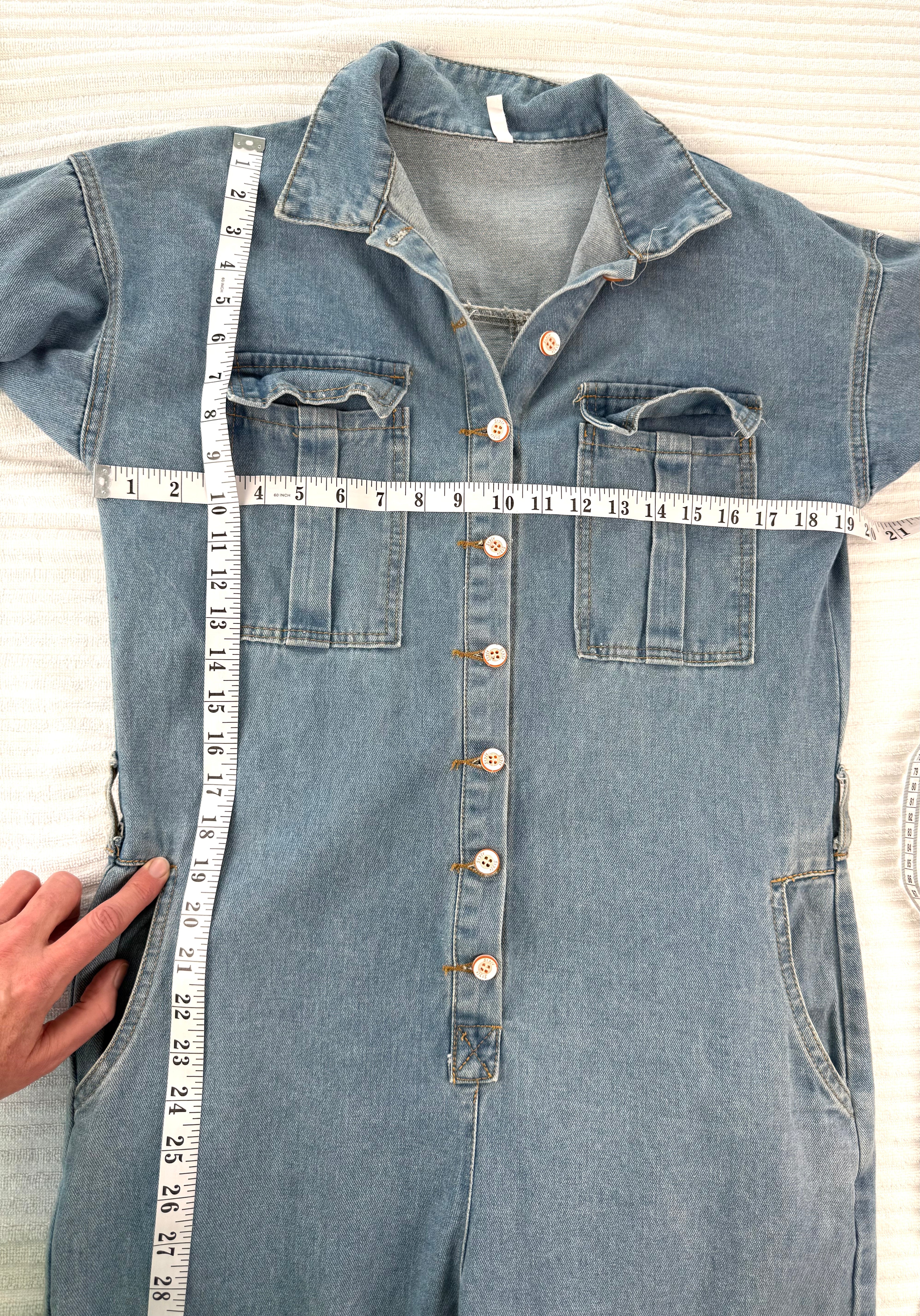 Vintage looking Mechanic Style Denim Coveralls at Blue Sparrow Shop measuring 38" bust and 19" shoulder to waist 