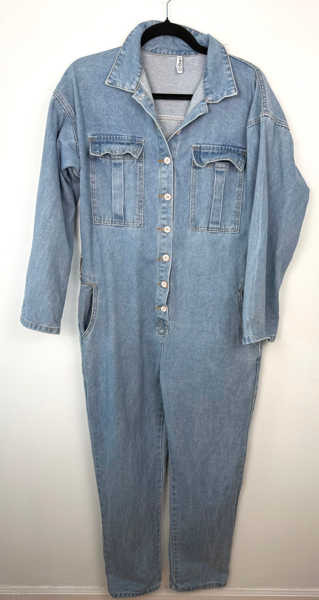 Vintage looking Mechanic Style Denim Coveralls at Blue Sparrow Shop on hanger