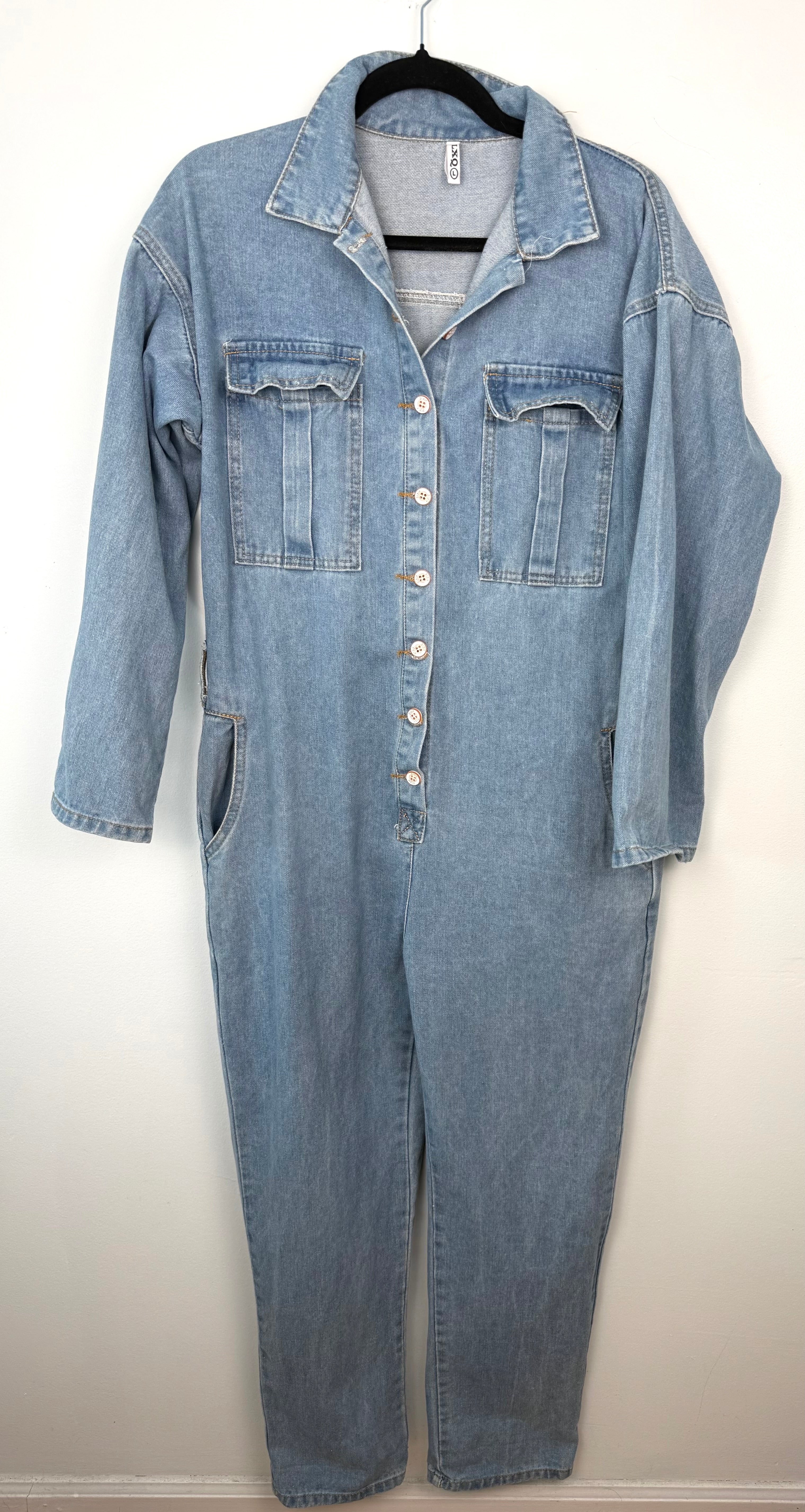 Vintage looking Mechanic Style Denim Coveralls at Blue Sparrow Shop on hanger