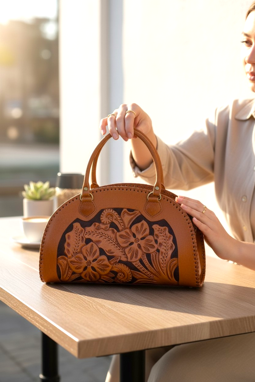 Vintage Hand-Tooled Leather Dome Handbag