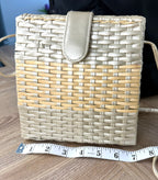 Vintage woven basket crossbody bag measuring approx 7 inches wide