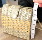 Vintage woven basket crossbody bag measuring approx 8 inches high 