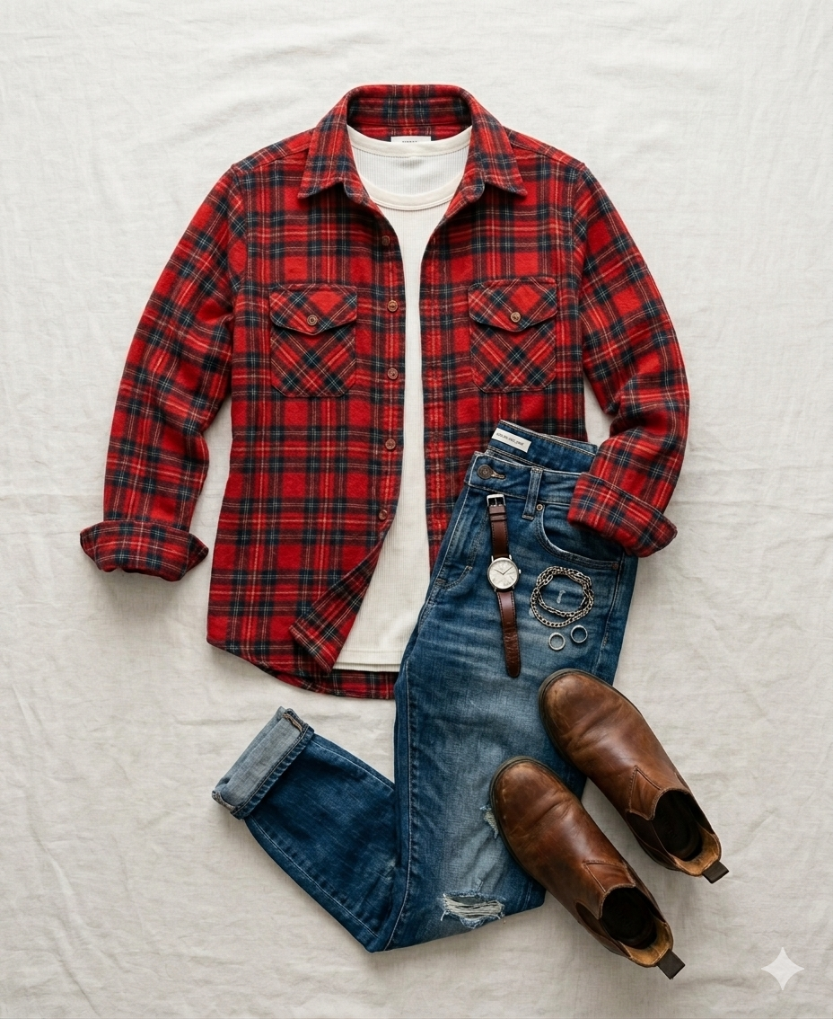 Viyella by Deacon Brothers Vintage Tartan Shirt | Size M at Blue Sparrow Shop flatlay with jeans and boots