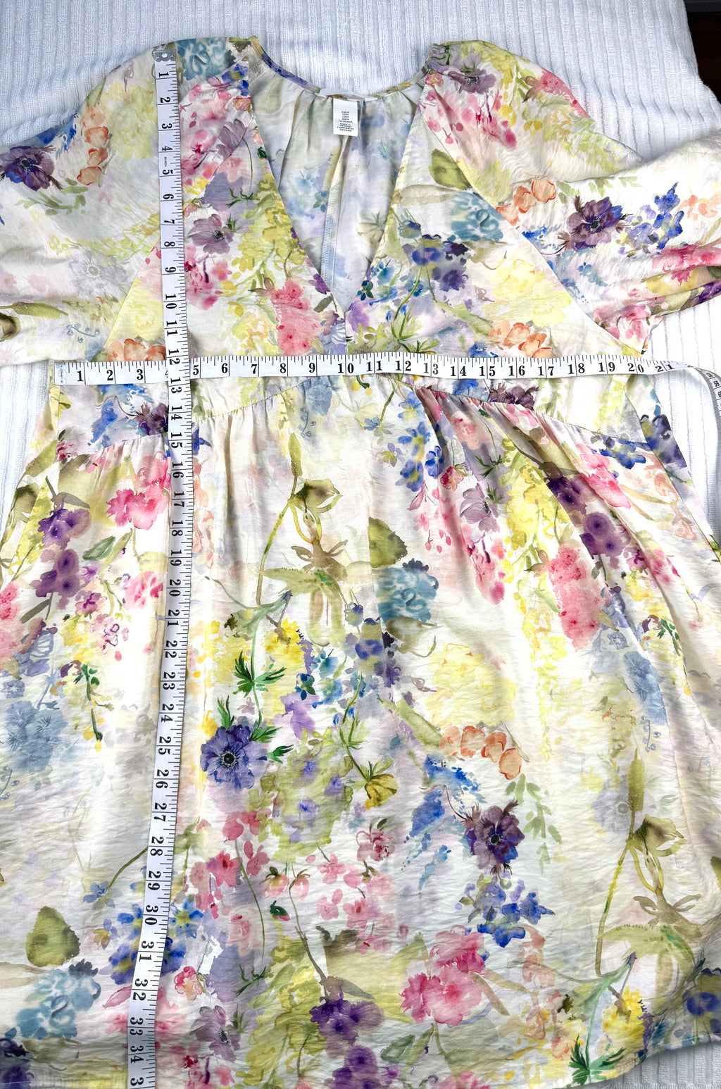 Watercolour Boho Babydoll Mini Dress | Size M at Blue Sparrow Shop measuring 40" bust and 36" shoulder to hem 